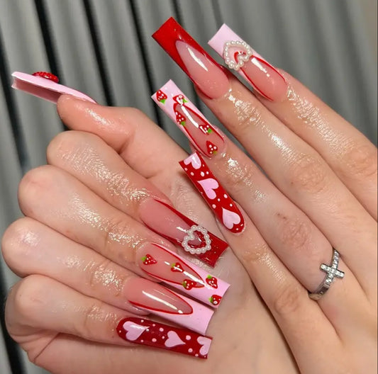 EZSTYLE Pink Strawberry French Press On Nails With Heart And Pearl Design